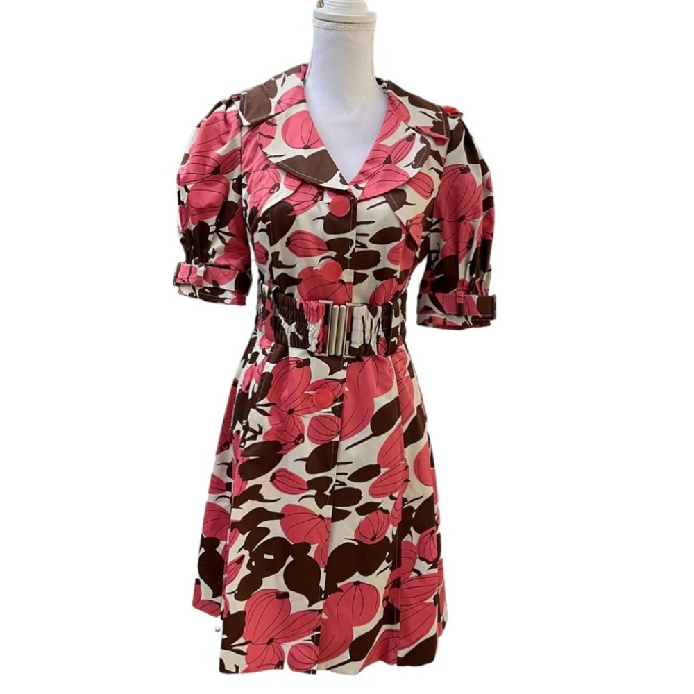 Y2K Floral Trench Coat Women's M 50s Retro Cottagecore Pink Brown Belted